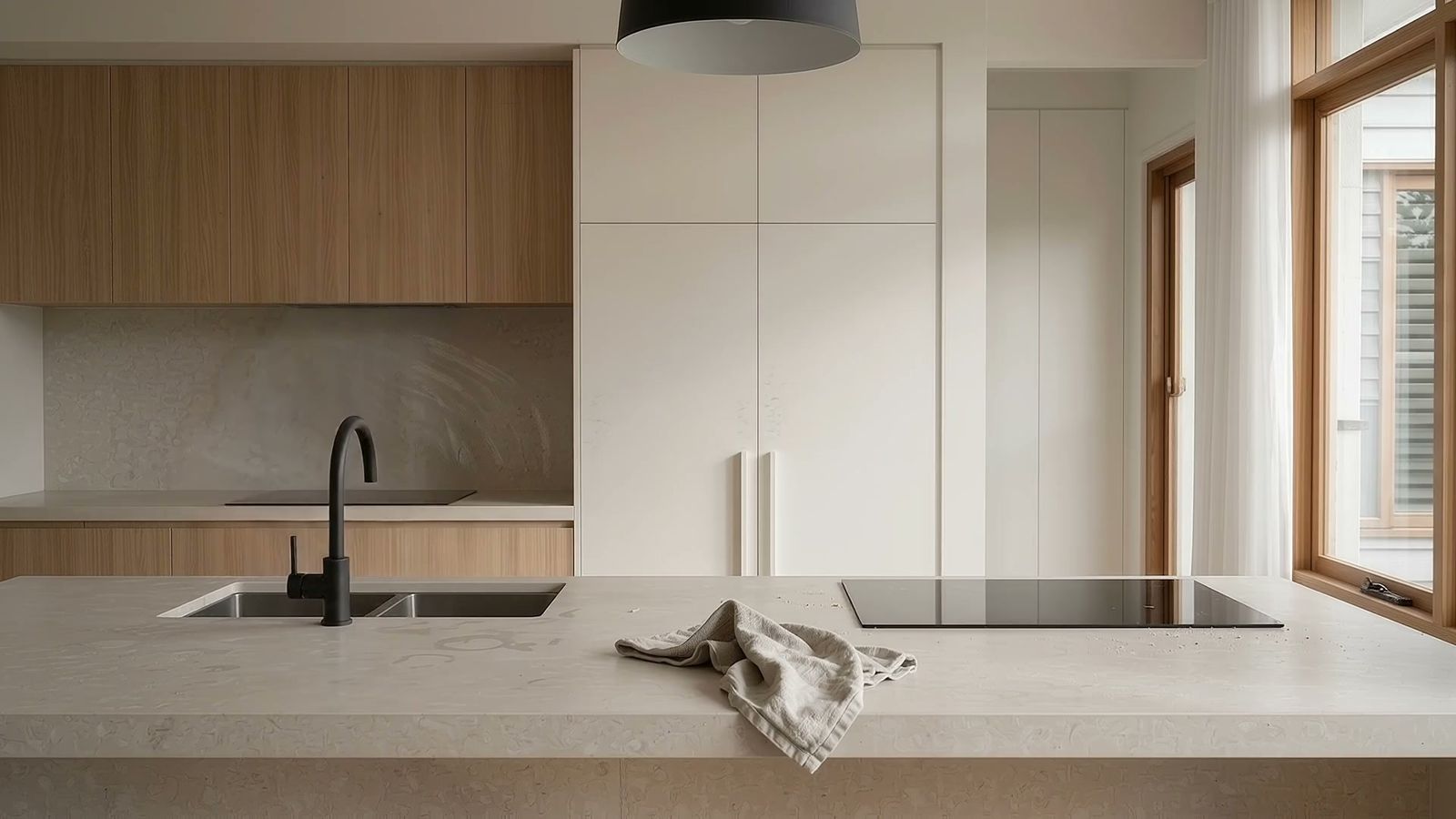 A cleaner in a charcoal apron wiping down the kitchen bench