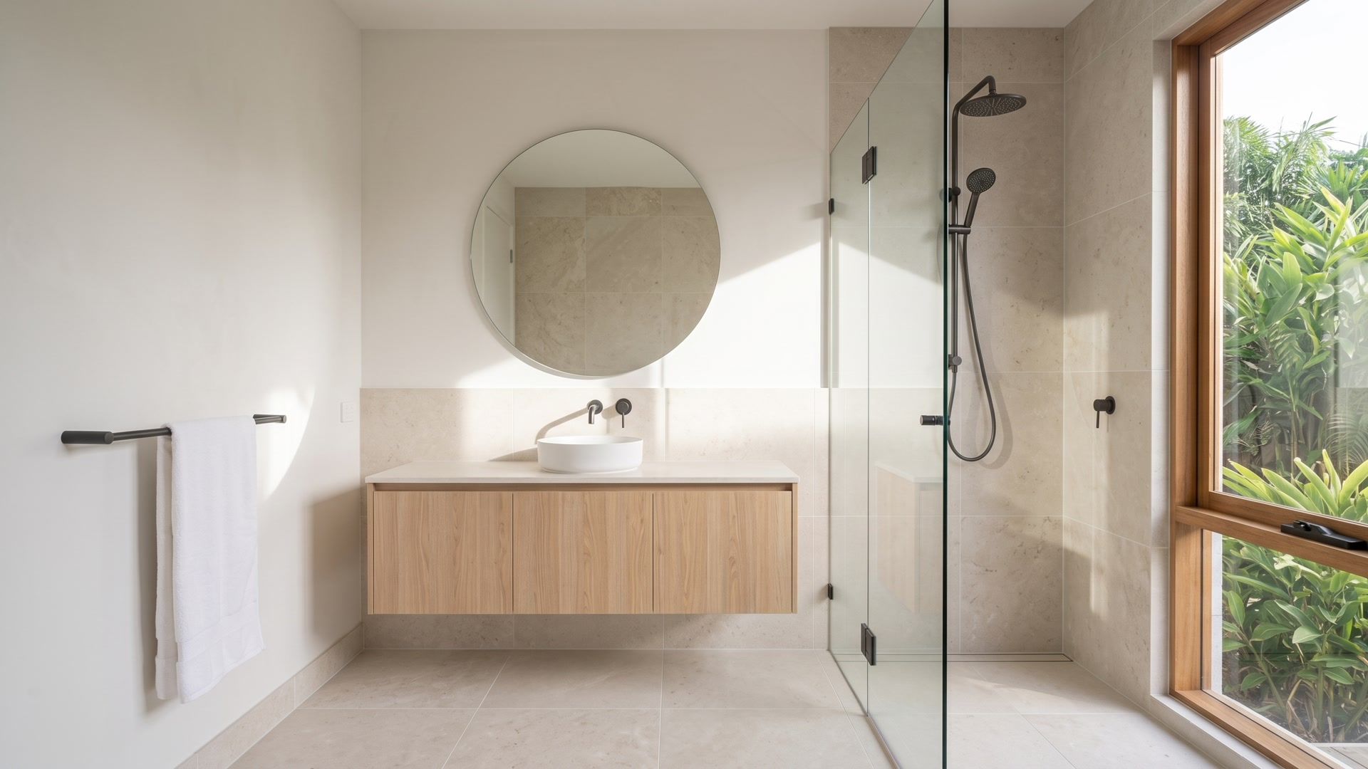 The same bathroom after a clean: clear glass, a bright mirror and a neatly hung towel