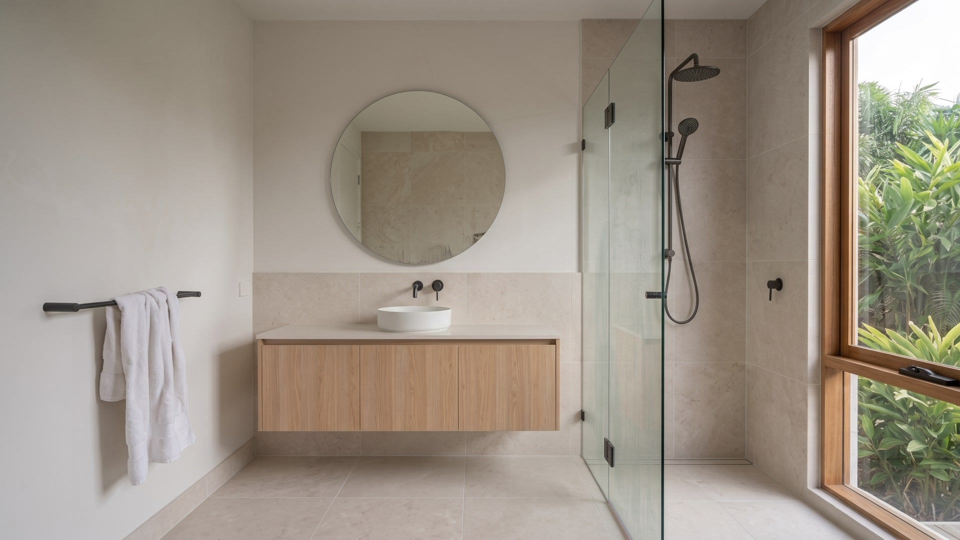 The bathroom before a clean: smudged glass and mirror and a crumpled towel on the rail