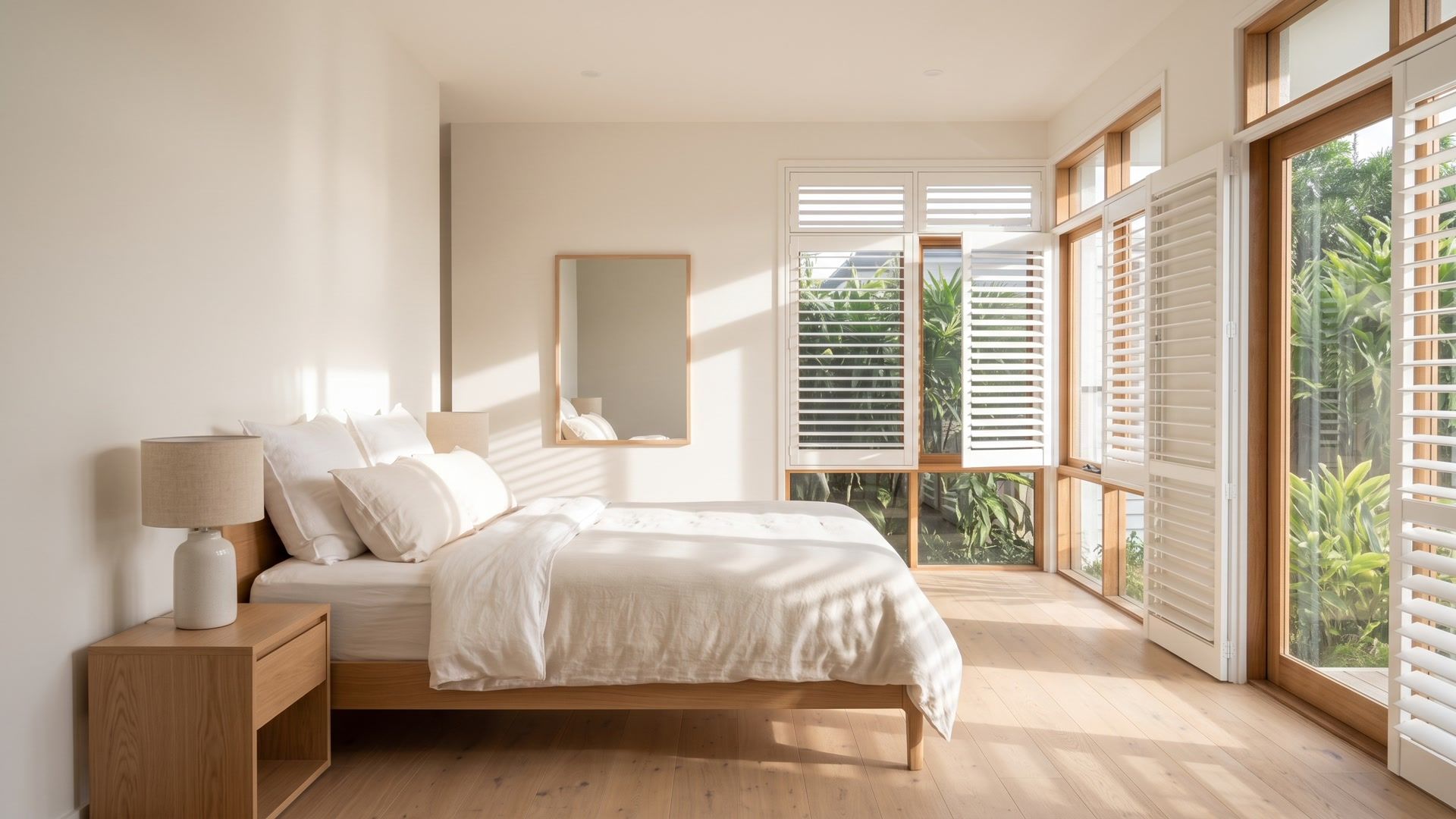 The same bedroom after a clean: a made bed with a smooth duvet and neat pillows