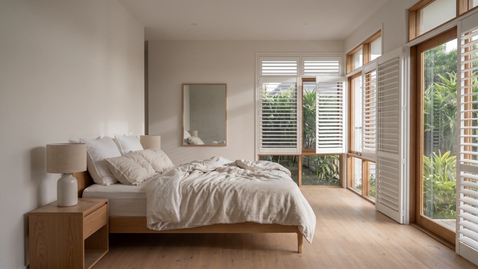 The bedroom before a clean: an unmade bed with a rumpled duvet and loose pillows